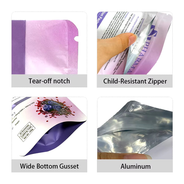 Stand up mylar pouch with wide bottom gusset for candy storage