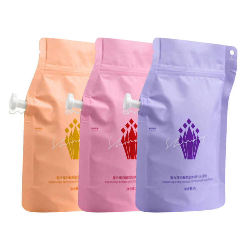 Pastel stand up zipper spout pouches for juice and beverage packaging