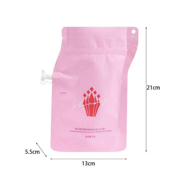 Pink zipper spout pouch size 13 × 21 × 5.5 cm standing upright