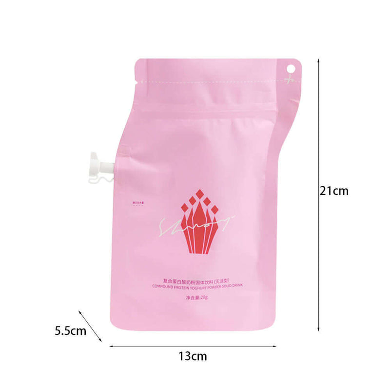 Pink zipper spout pouch size 13 × 21 × 5.5 cm standing upright