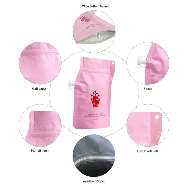 Detail of zipper spout pouch showing wide bottom gusset, zipper and euro punch hole