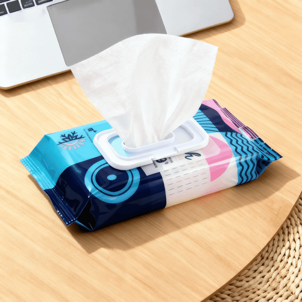 wet wipes plastic back seal pouch on wooden table near laptop