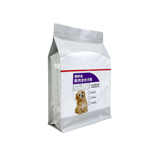 Side view flat bottom pet food packaging bag with zipper closure