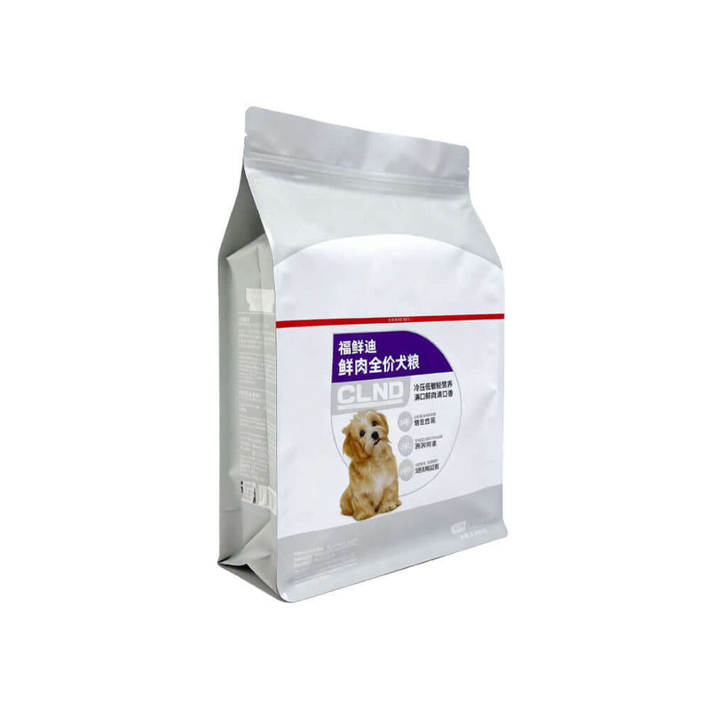 Side view flat bottom pet food packaging bag with zipper closure