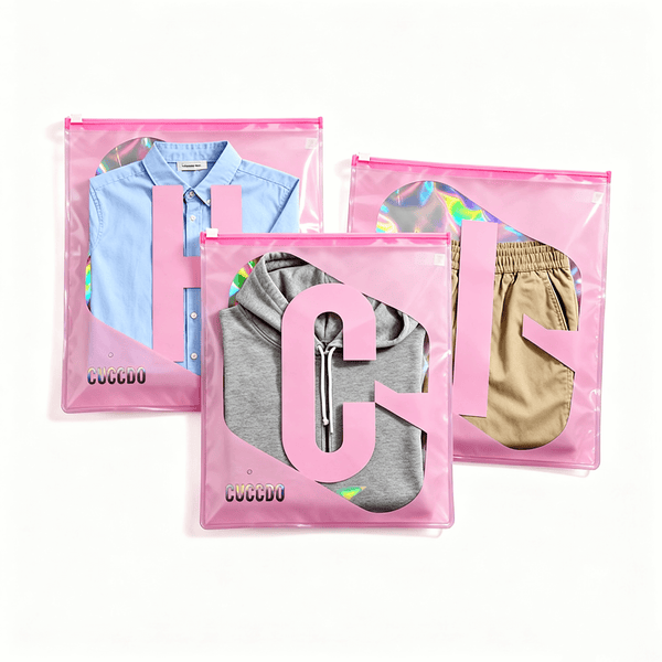 eva holographic zipper bag with transparent window for clothing packaging