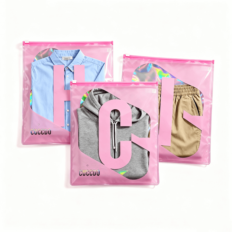 eva holographic zipper bag with transparent window for clothing packaging