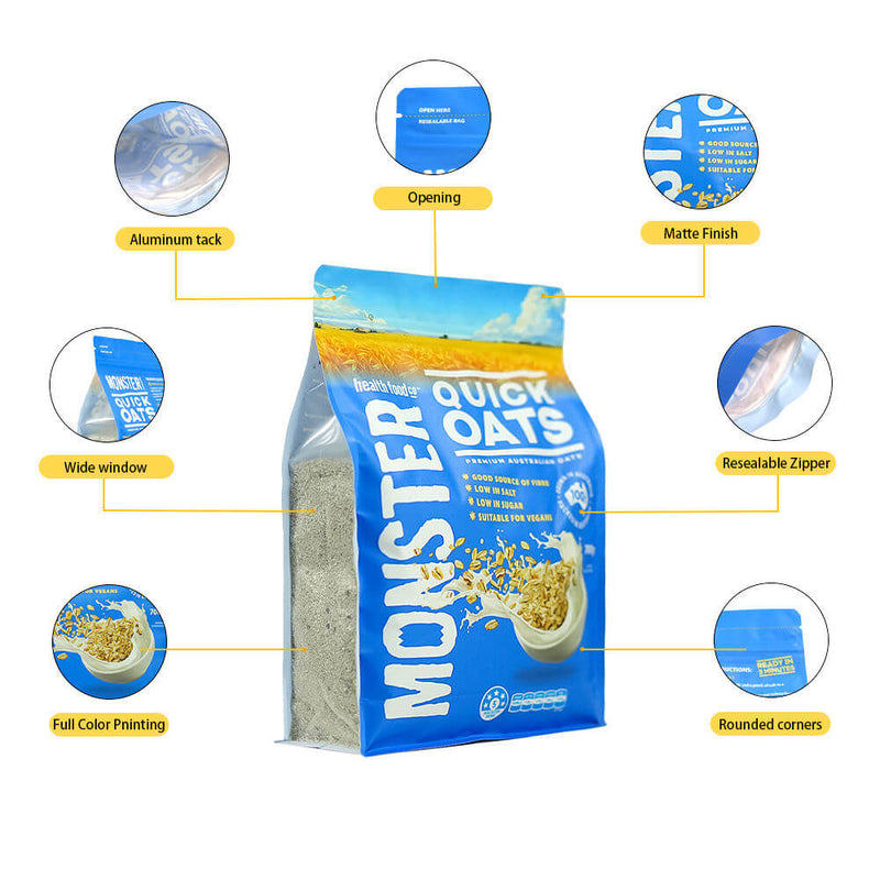 side view of flat bottom cereal bag with transparent window