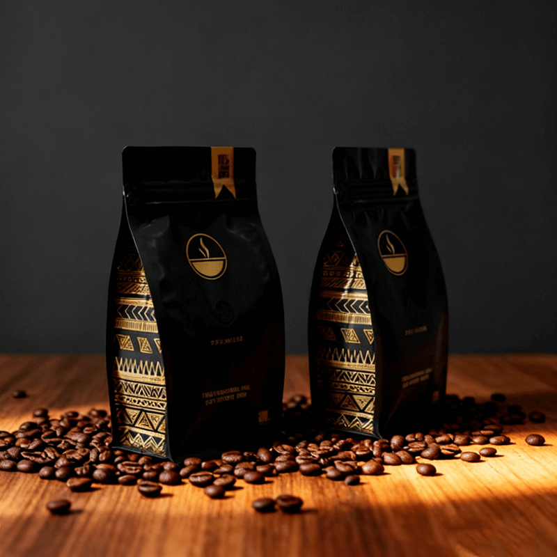 black flat bottom coffee packaging bag with zipper and valve