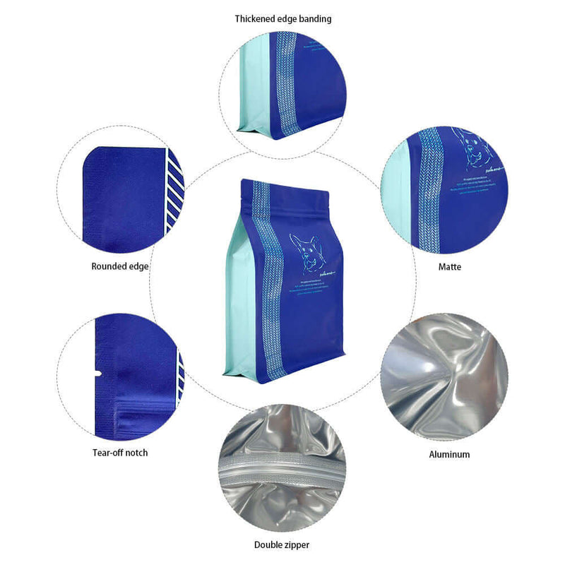 Flat bottom plastic pet food bag with matte surface finish