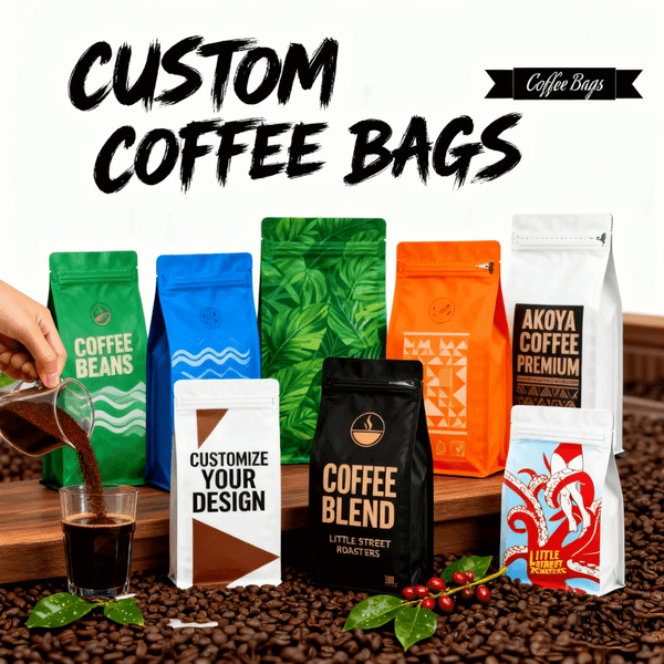 Various custom packaging bags for different products, including snacks, candies, and tea