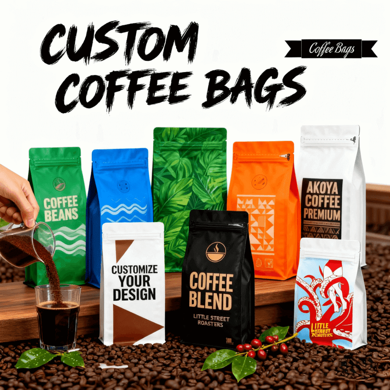 Various custom packaging bags for different products, including snacks, candies, and tea
