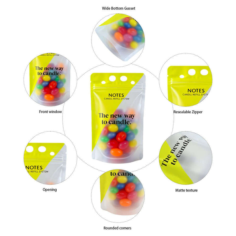 Custom stand up frosted candy packaging bags with zipper handle
