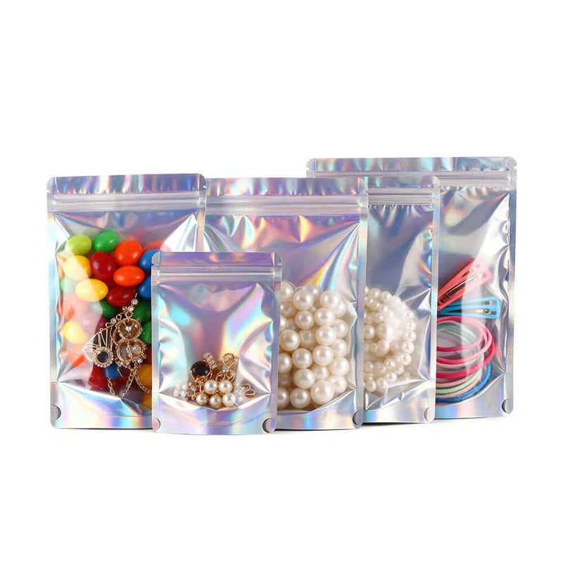 Holographic stand up pouch with clear window and ziplock