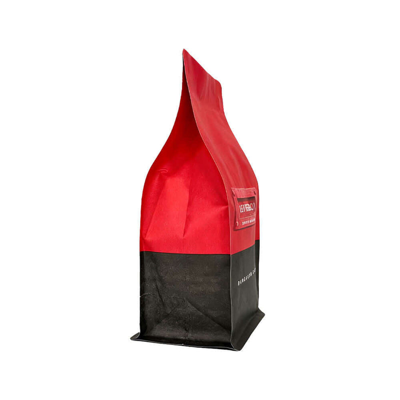 Side view kraft paper flat bottom coffee pouch in red and black