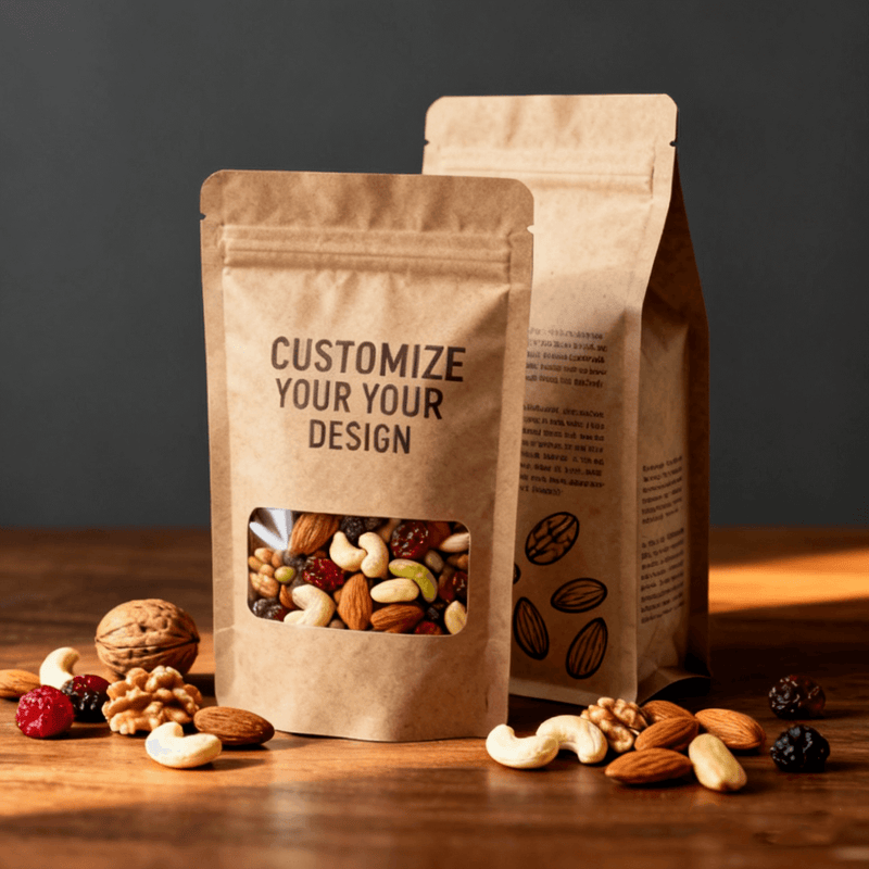 Kraft paper food bags with resealable zipper and clear window