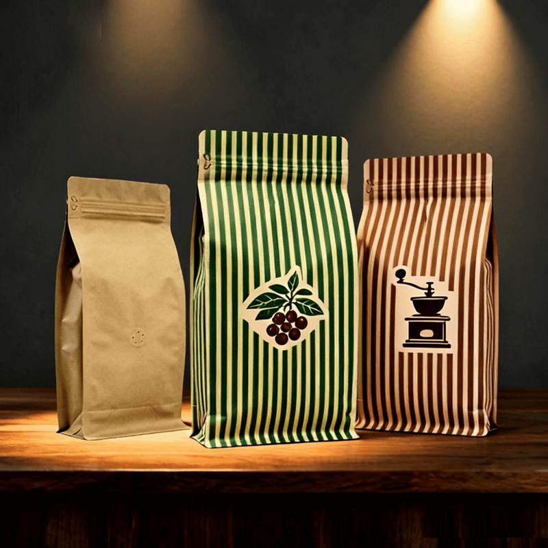 Black gold foil stamped flat bottom coffee bags with valve and zipper closure
