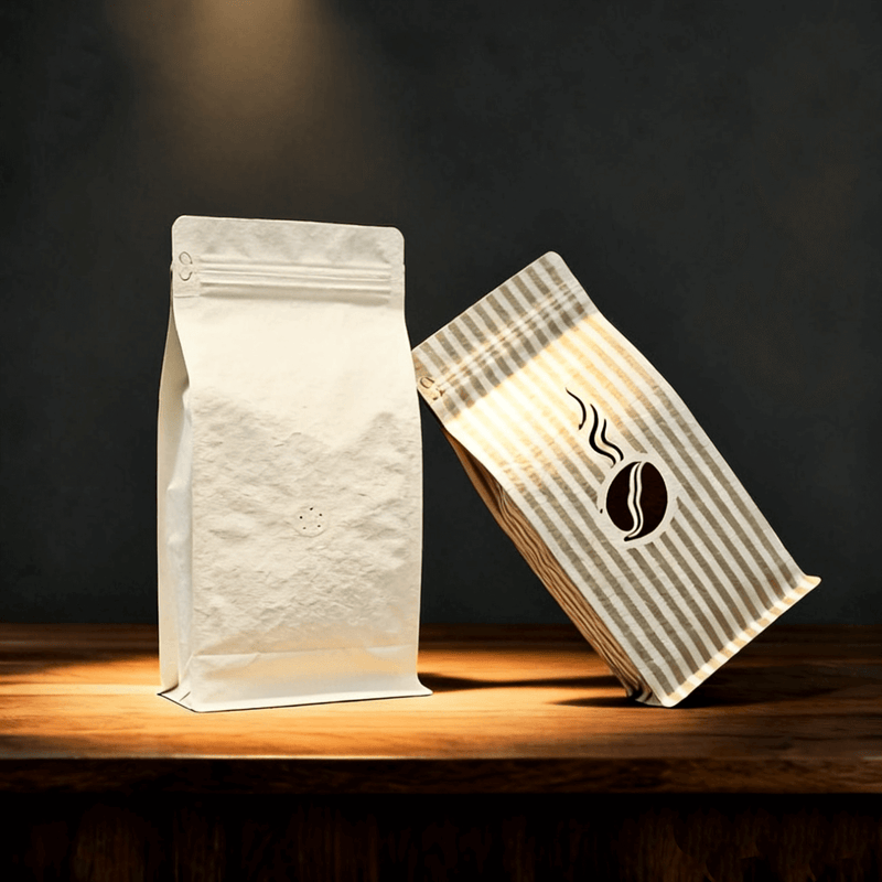 Matte brown and striped stand up coffee packaging with side gussets and cup icon