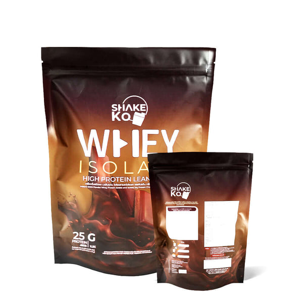 Front and back views of matte whey protein packaging pouch with zipper closure