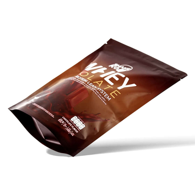 Side-leaning matte protein stand up pouch showing zipper top and gusset base