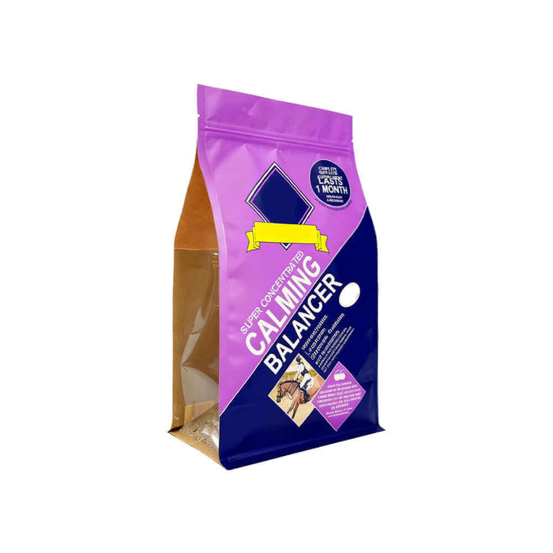 Purple pet food pouch with transparent side window and zipper