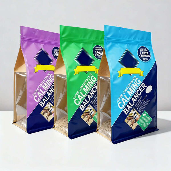 Multi-angle views of pet food packaging bag with window and kraft side panels