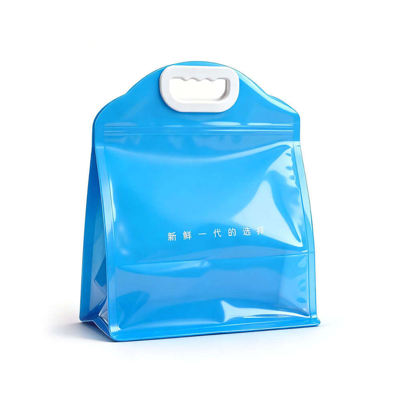blue plastic handle bag with velcro zipper standing on white background