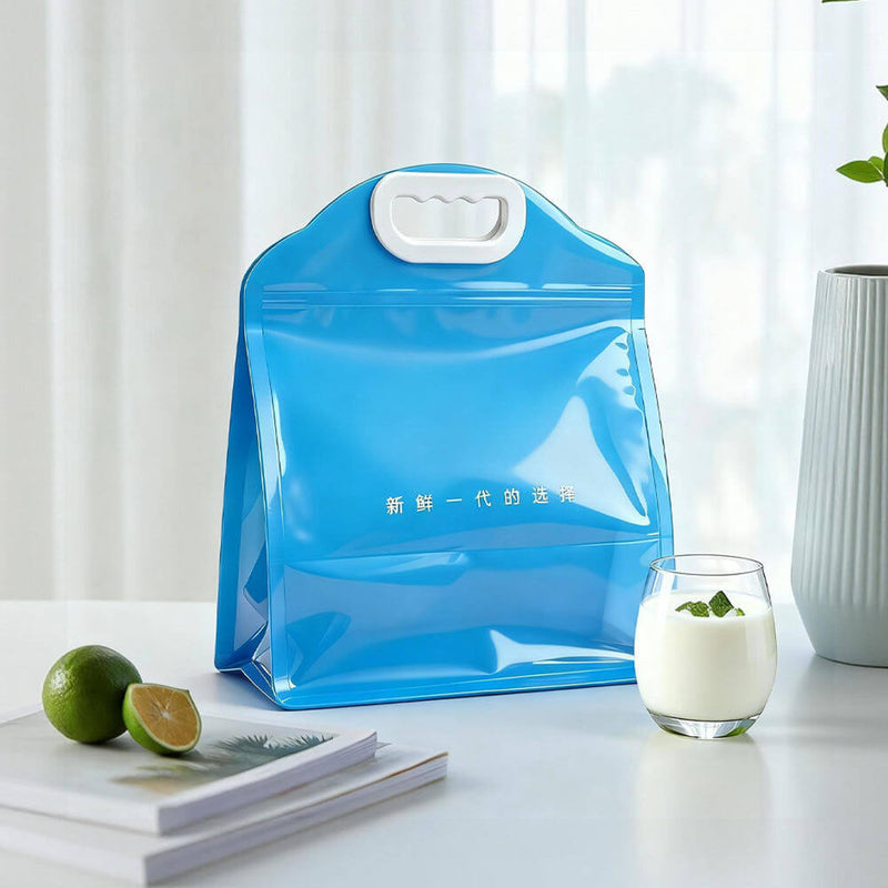 blue plastic handle bag with velcro zipper on table beside drink glass