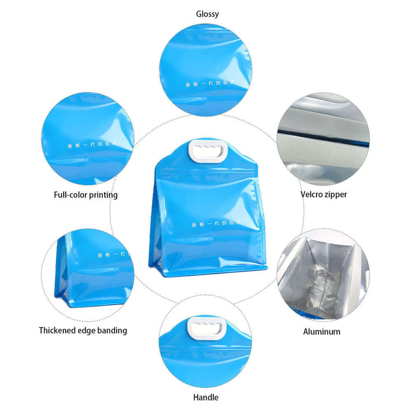 details of blue plastic handle bag showing velcro zipper handle and aluminum lining