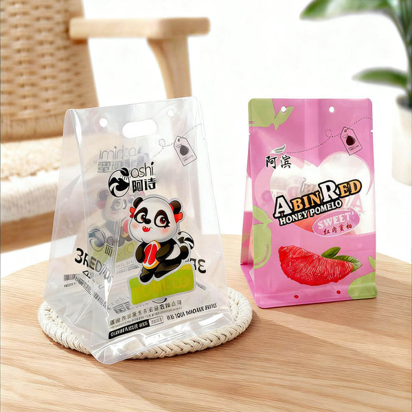 Recyclable plastic stand up pouch with clear window side gusset view