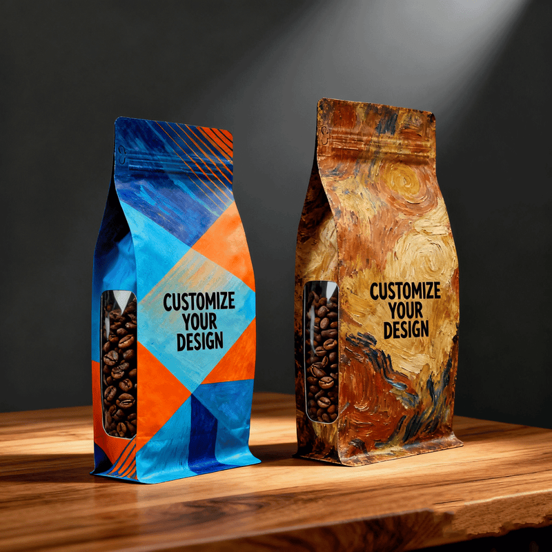 resealable stand up coffee bags with zipper front view with transparent window