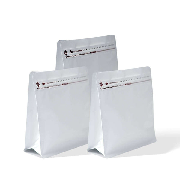 White flat bottom coffee pouch with zipper and tear-open line self standing design