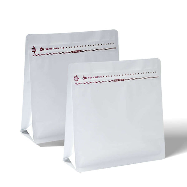 Self standing white coffee bags with zipper and flat bottom gusset