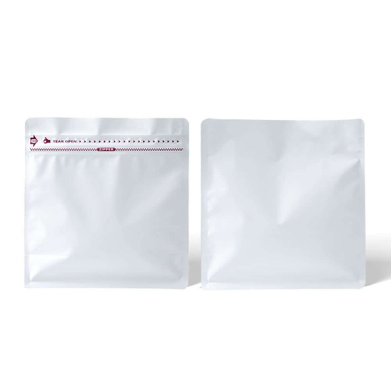 Front and back view white zipper coffee pouch with flat bottom gusset