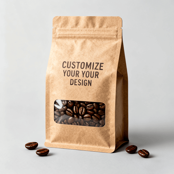 self standing kraft coffee bag with window and zipper for custom printing