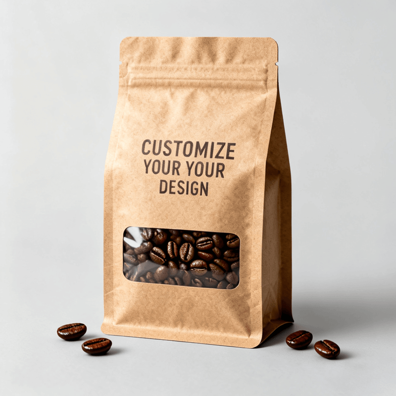 self standing kraft coffee bag with window and zipper for custom printing