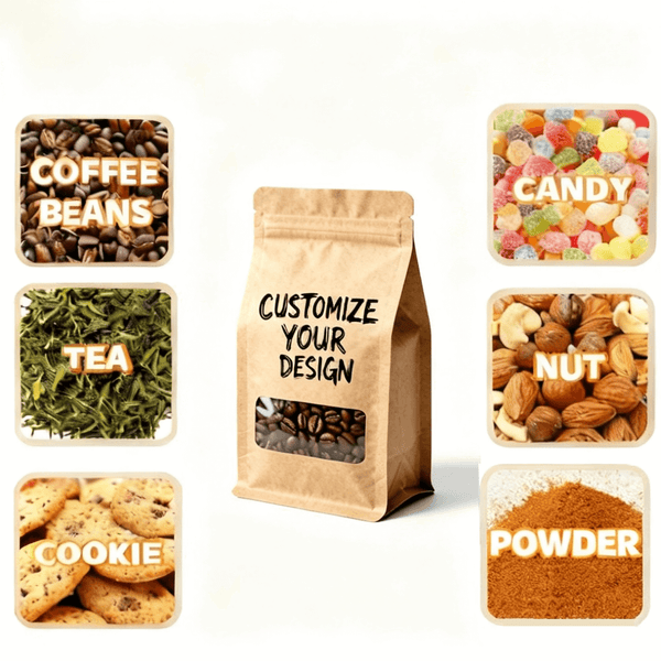 kraft stand up pouch with window for coffee beans nuts tea and snacks