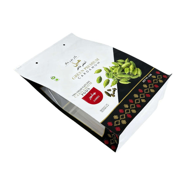 laminated stand up spice pouch showing green cardamom pods through window